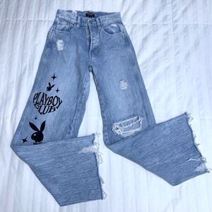 Playboy Club By PacSun Super Distressed High Waisted Baggy Buttoned Jeans Sz 23